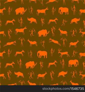 Seamless pattern. Ancient rock drawing with primitive people and prehistoric animals. The Paleolithic era. vector illustration. Seamless pattern. Ancient rock drawing with primitive people and prehistoric animals. The Paleolithic era.