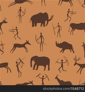 Seamless pattern. Ancient rock paintings show primitive people hunting on animals. The Paleolithic era. vector illustration. Seamless pattern. Ancient rock paintings show primitive people hunting on animals. The Paleolithic era.