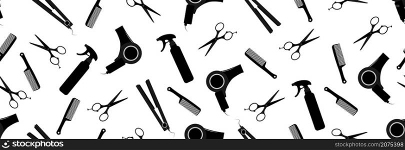Seamless pattern and set of hairdressing tools on a white background.