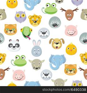 Seamless Pattern Animal Faces Set. Cartoon Masks. Seamless pattern cute animal faces heads set. Cartoon masks for masquerade, holiday, festival, halloween. Wallpaper design. Icons of forest characters. Isolated object in flat design. Vector