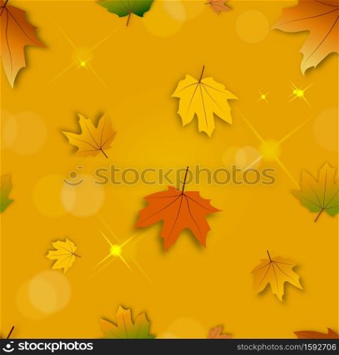 Seamless pattern Autumn background with bokeh effect,Maple leaves in orange and red leaves on blurry bokeh background, Fall season concept with maple foliage on defocused sunlight effect