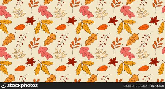 Seamless pattern autumn leaves in Orange, Beige, Brown and Yellow. autumn greeting cards. autumn leaves Seamless pattern for textile, wallpapers, gift wrap and scrapbook