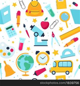 Seamless pattern back to school. Colorful flat office objects, students tools background, kids crayons, ruler, globe and microscope. Decor textile, wrapping paper wallpaper, vector print or fabric. Seamless pattern back to school. Colorful flat office objects, students tools background, kids crayons, ruler, globe and microscope. Decor textile, wrapping paper wallpaper vector print