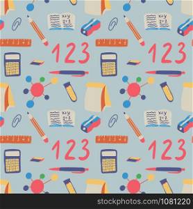 Seamless pattern back to school on blue background. Lunch, calculator, molecule, chemistry etc graphic elements. Modern wallpaper education backgdrop design. Vector hand drawn illustration.. Seamless pattern back to school on blue background.