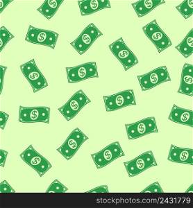 Seamless pattern background money rain of flying in the air, hand drawn vector money. Cash flying rain. Waste dollar of concept flat vector cartoon