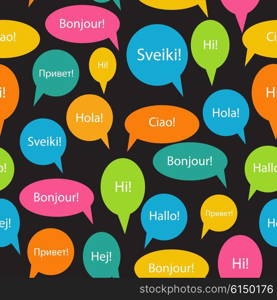 Seamless Pattern Background of Speech Bubble with Hello Word on Different Languages (Danish, Spanish, Russian, English, German, Italian, Lithuanian, French) Vector Illustration EPS10