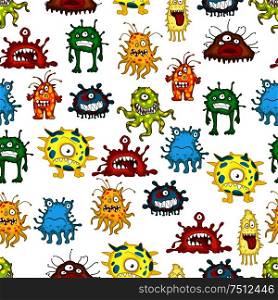 Seamless pattern background of uggly cartoon colorful monsters. For Halloween theme design. Seamless pattern of ugly cartoon monsters