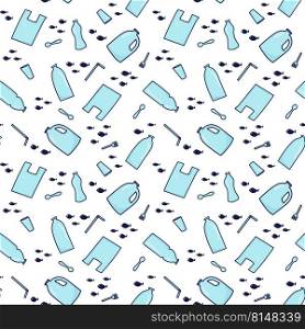 Seamless pattern background. Plastic garbage bag, bottle, cutlery, plastic conteners, straws, cutlery, disposable dish in the ocean. Vector illustration in doodle style. Protect ocean concept. Ocean plastic pollution seamless pattern
