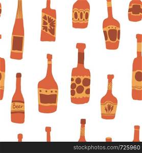 Seamless pattern background with bar bottles. Hand drawn different glass bottles. Vector illustration. Seamless pattern background with bar bottles illustration