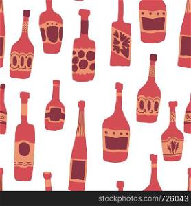 Seamless pattern background with bar bottles. Hand drawn different glass bottles. Vector illustration. Seamless pattern background with bar bottles illustration