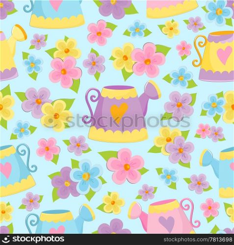 Seamless pattern background with flowers and watering cans