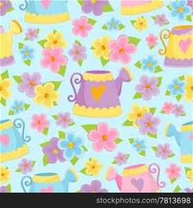 Seamless pattern background with flowers and watering cans