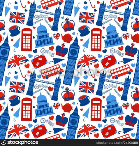Seamless pattern background with London landmarks and Britain symbols vector illustration