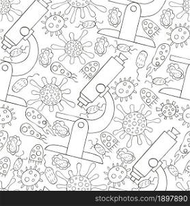 Seamless pattern bacteria and microbes. Search for viruses, microscope. Coloring microbes in hand draw style. Coronavirus, bacteria, microorganisms. Monochrome medical seamless pattern. Coloring pages, black and white