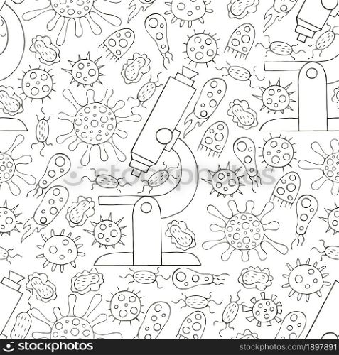 Seamless pattern bacteria and microbes. Search for viruses, microscope. Coloring microbes in hand draw style. Coronavirus, microorganisms. Monochrome medical seamless pattern. Coloring pages, black and white