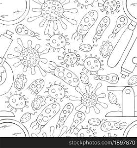 Seamless pattern bacteria and microbes. Search for viruses, microscope, magnifier. Coloring microbes in hand draw style. Coronavirus, viruses, bacteria. Monochrome medical seamless pattern. Coloring pages, black and white