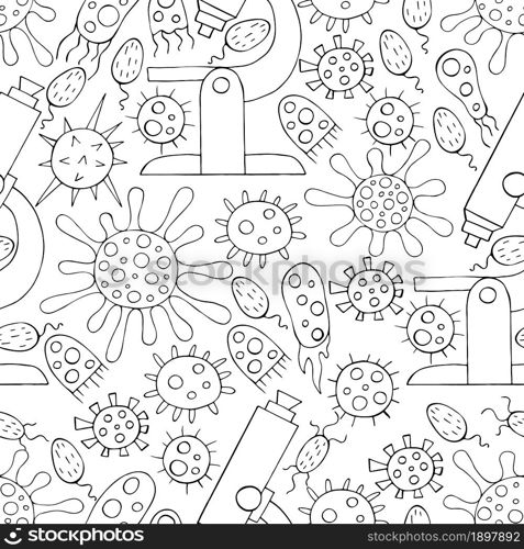 Seamless pattern bacteria, microbes. Search for viruses, microscope. Coloring microbes in hand draw style. Coronavirus, microorganisms. Monochrome medical seamless pattern. Coloring pages, black and white