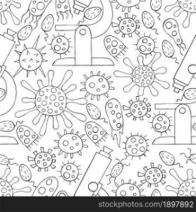 Seamless pattern bacteria, microbes. Search for viruses, microscope. Coloring microbes in hand draw style. Coronavirus, microorganisms. Monochrome medical seamless pattern. Coloring pages, black and white