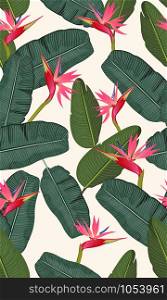 Seamless pattern banana leaf with pink bird of paradise