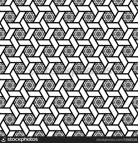 Seamless pattern based on Japanese geometric ornament.Black and white silhouette.Compound ornament.Hexagon grid.. Seamless pattern based on Japanese geometric ornament .Black and white.
