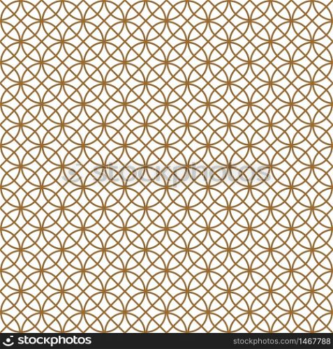Seamless pattern based on Kumiko ornament .Black and white silhouette circular lines and diagonal grid.Suitable for laser cutting and design.Golden color.. Seamless pattern based on Japanese ornament Kumiko.Golden color.