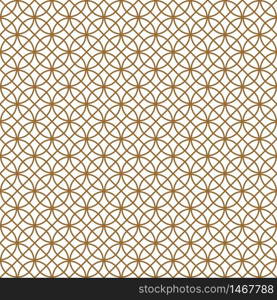 Seamless pattern based on Kumiko ornament .Black and white silhouette circular lines and diagonal grid.Suitable for laser cutting and design.Golden color.. Seamless pattern based on Japanese ornament Kumiko.Golden color.
