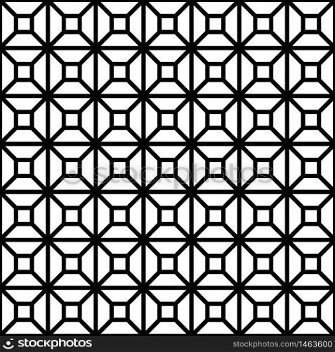 Seamless pattern based on Kumiko ornament .Black and white silhouette with thick lines.Suitable for laser cutting and design.. Seamless pattern based on Japanese ornament Kumiko.Black and white.