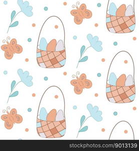 Seamless pattern Basket with eggs. Wicker basket. Vector for Easter in doodle style. Pastel colors. Design for print, card, poster, coves, scrapbooking, textile, fabric, wallpaper, banners, notebook.. Seamless pattern Basket with eggs. Wicker basket. Vector for Easter in doodle style. Pastel colors.