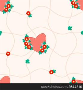Seamless pattern. Big red heart in bouquet of flowers on white background with mesh pattern. Vector illustration. For design, decor, packaging, wallpaper
