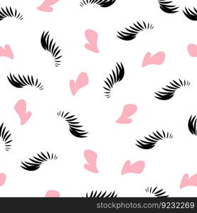 Seamless pattern black long eyelashes and pink heart shape wallpaper illustration background cosmetic beauty vector card