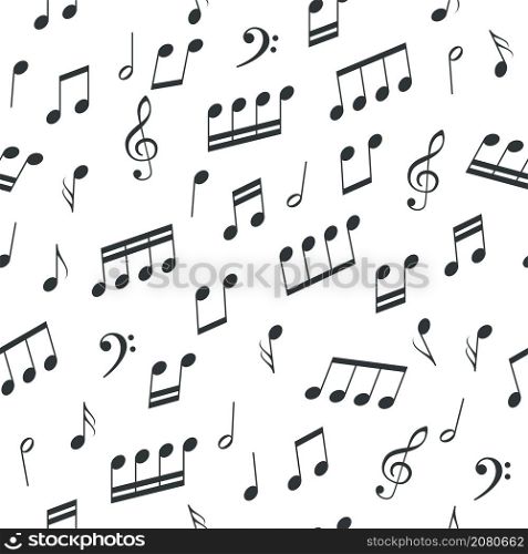Seamless pattern black notes silhouettes. Musical graphic elements, melody signs and symbols on white background, classical sound writing art. Decor textile, wrapping paper wallpaper, vector print. Seamless pattern black notes silhouettes. Musical graphic elements, melody signs and symbols on white background, classical sound writing art. Decor textile, vector print