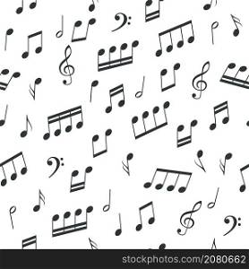 Seamless pattern black notes silhouettes. Musical graphic elements, melody signs and symbols on white background, classical sound writing art. Decor textile, wrapping paper wallpaper, vector print. Seamless pattern black notes silhouettes. Musical graphic elements, melody signs and symbols on white background, classical sound writing art. Decor textile, vector print
