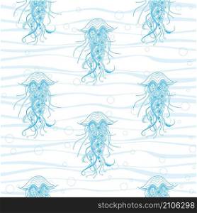 Seamless pattern. Blue contour jellyfish on white backround. Vector graphic illustration.