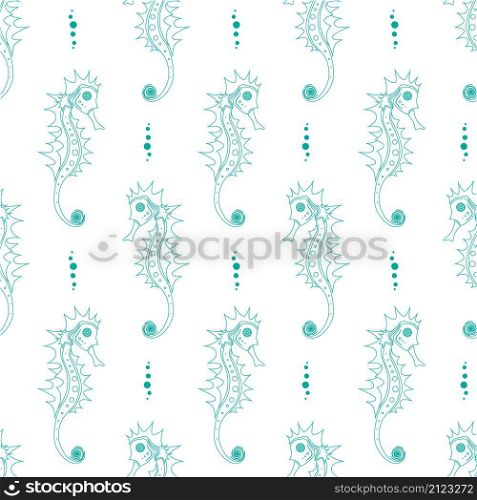 Seamless pattern. Blue contour white seahorse and bubbles on white backround. Vector illustration.