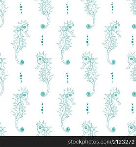 Seamless pattern. Blue contour white seahorse and bubbles on white backround. Vector illustration.