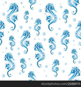 Seamless pattern. Blue seahorse and bubbles on white backround