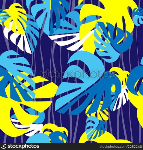Seamless pattern. Blue, white and yellow tropical monstera leaves on dark blue backround. Vector graphic illustration.