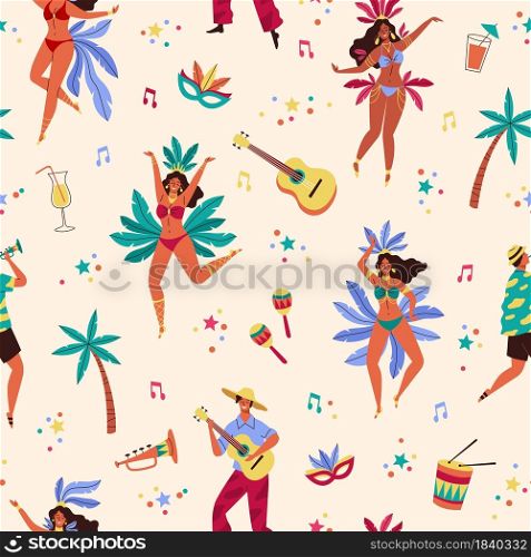 Seamless pattern brazil carnival. Rio music fest elements, dancing happy people, man with guitar and trumpet, samba holiday party. Decor textile, wrapping paper wallpaper vector modern print or fabric. Seamless pattern brazil carnival. Rio music fest elements, dancing happy people, man with guitar and trumpet, samba holiday party. Decor textile, wrapping paper wallpaper vector modern print