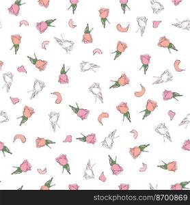 Seamless pattern buds and rose petals. Confetti, cosmetics, wedding beautiful floral background. Rose buds seamless pattern. Confetti, cosmetics, wedding beautiful floral background