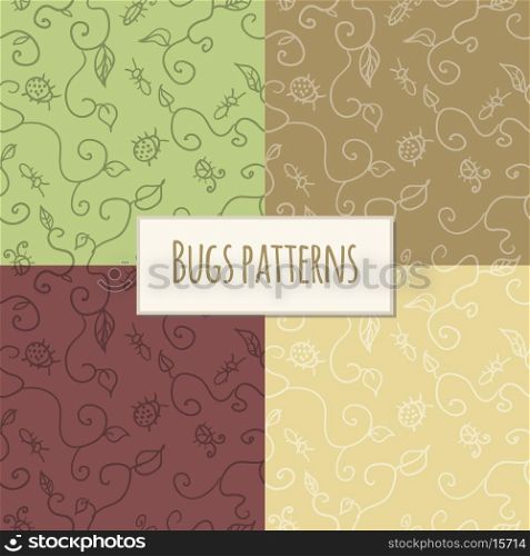 Seamless pattern bugs and leaves wallpaper backgrounds set vector illustration