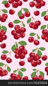 Seamless pattern bunch of cherry fruits, Fresh organic food, Red fruits berry pattern on pink. Vector illustration.