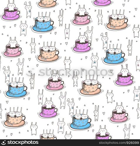 Seamless pattern bunnies in the cup. Vector illustration.