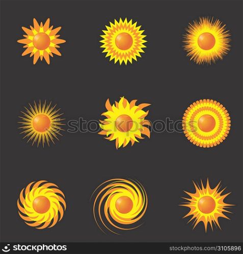Seamless pattern (can be repeated and scaled in any size) or set of various editable vector sun designs
