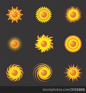 Seamless pattern (can be repeated and scaled in any size) or set of various editable vector sun designs