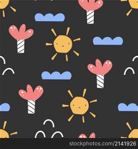 Seamless pattern. Cartoon childish hand-drawn illustration. Colorful doodle in a limited palette for printing baby fabrics, packaging, wallpapers. Vector illustration.. Seamless pattern. Cartoon childish hand-drawn illustration. Vector illustration.