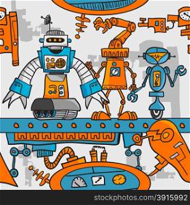 Seamless pattern cartoon robots on the assembly line