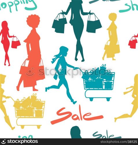 Seamless pattern cartoon slim woman silhouette with shopping bags. Black friday sale background