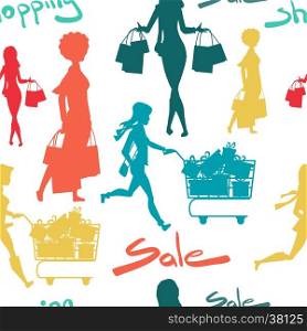Seamless pattern cartoon slim woman silhouette with shopping bags. Black friday sale background