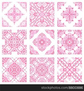 Seamless pattern ceramic tiles design in moroccan style. Pink and white Valentines Day backgrounds. vintage tile pattern. vector illustration
