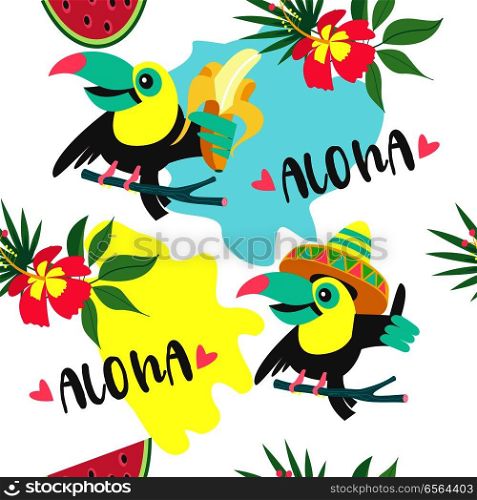 Seamless pattern. Cheerful friendly toucans. Tropical background with birds, exotic leaves and fruits. Vector illustration.